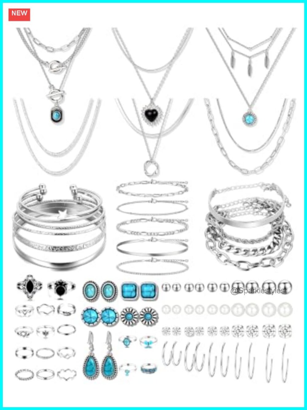73PCS Silver Plated Turquoise Jewelry Set Boho Necklaces Bracelets Rings
